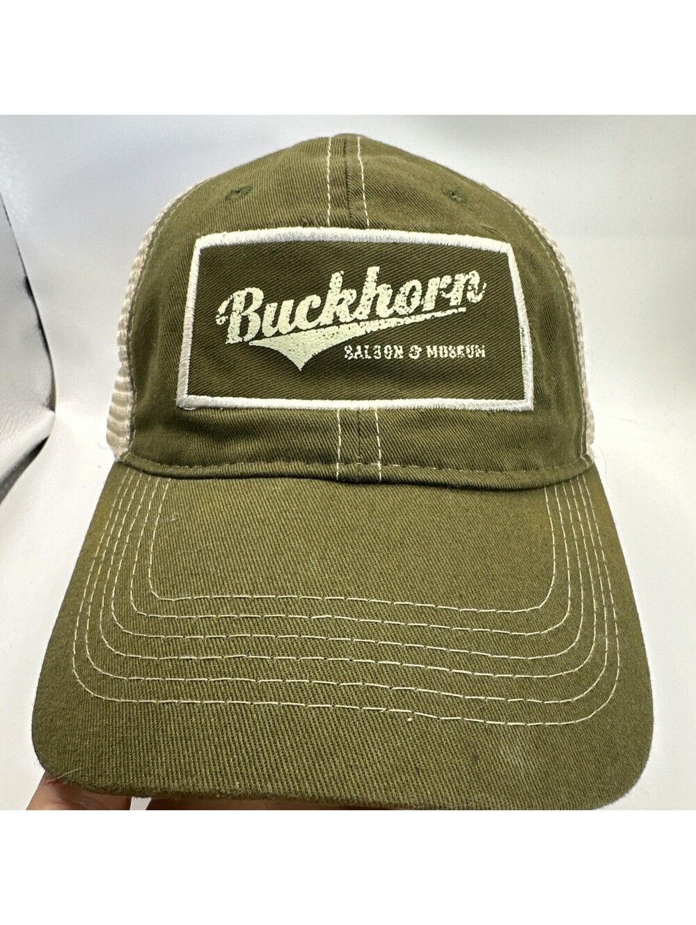 Buckhorn Saloon & Museum San Antonio TX Cap Olive Green Patch Trucker Hat